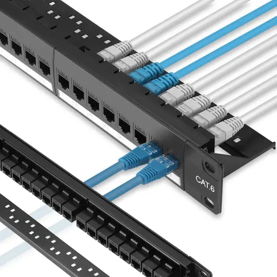 High-Density 24 Port Patch Panel: Unshielded RJ45 Cat6 Compatible with Cat5e 568A/B - Rackmount & Wallmount