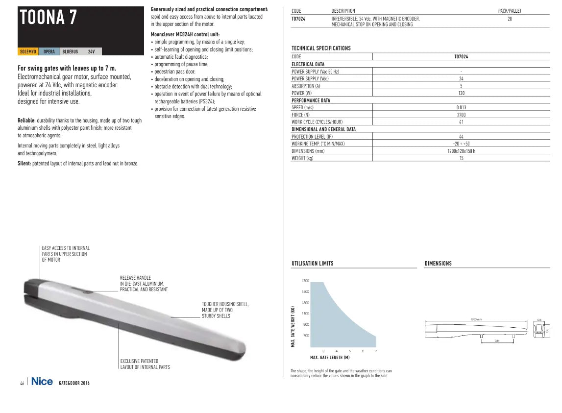 SWING GATE OPERATOR UPTO 7 MTR TOONA7024 24V NICE BRAND, MADE IN ITALY - UPTO 7 MTR LENGTH EACH LEAF. - Merac Dubai